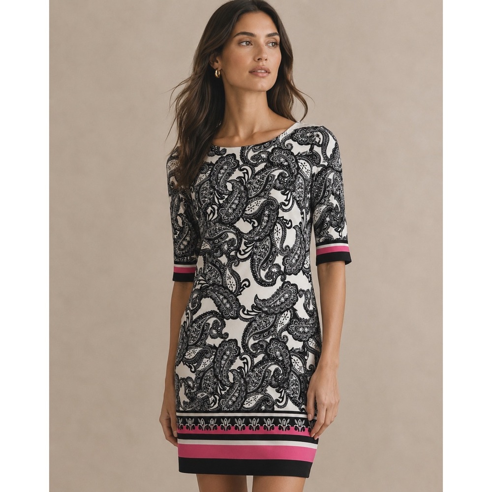 La Nouvelle Renaissance Paisley Sheath‎ Dress Black White Pink Size 4 Gold Zip